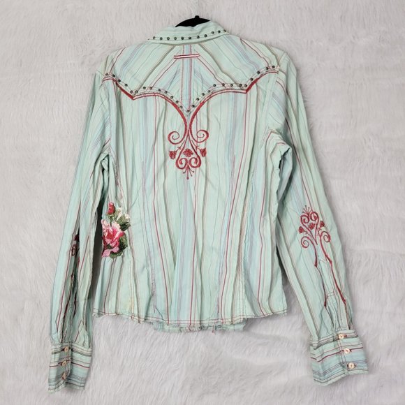 Johnny Was Green Striped Floral Embroidered Long Sleeve Button Down Shirt XL - Picture 2 of 12